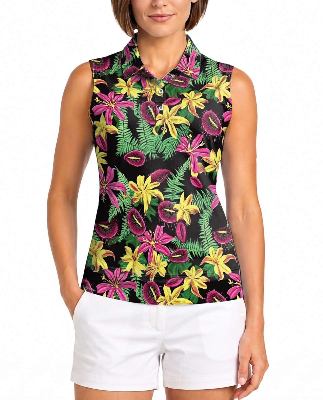 Women Sleeveless Polo Shirt Venus Flytrap Tropical Floral Graphic Top