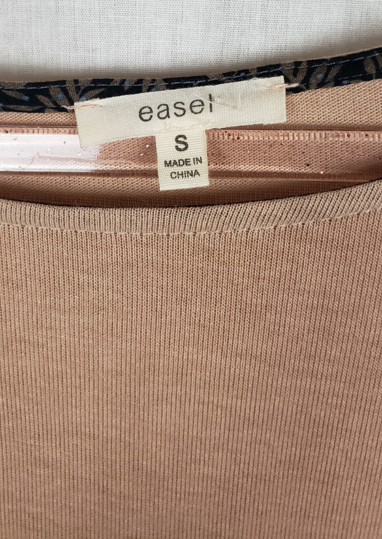 Easel Tunic Top Oversized S Tan Black Peplum Pleated Hem Casual Boho Peasant