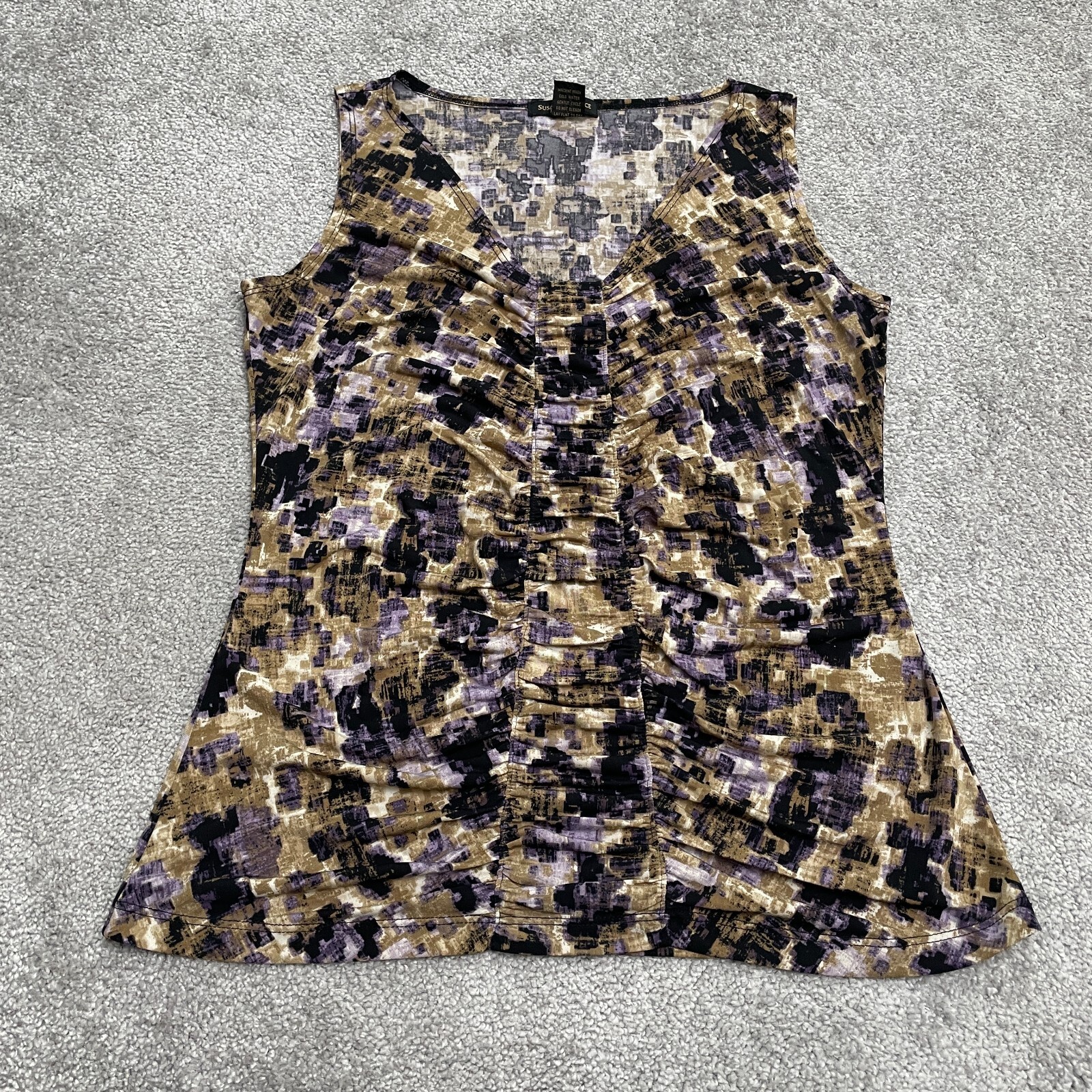 Susan Lawrence Ruched Tank Top Womens PL Petite Multi Colorblock V-Neck Stretch