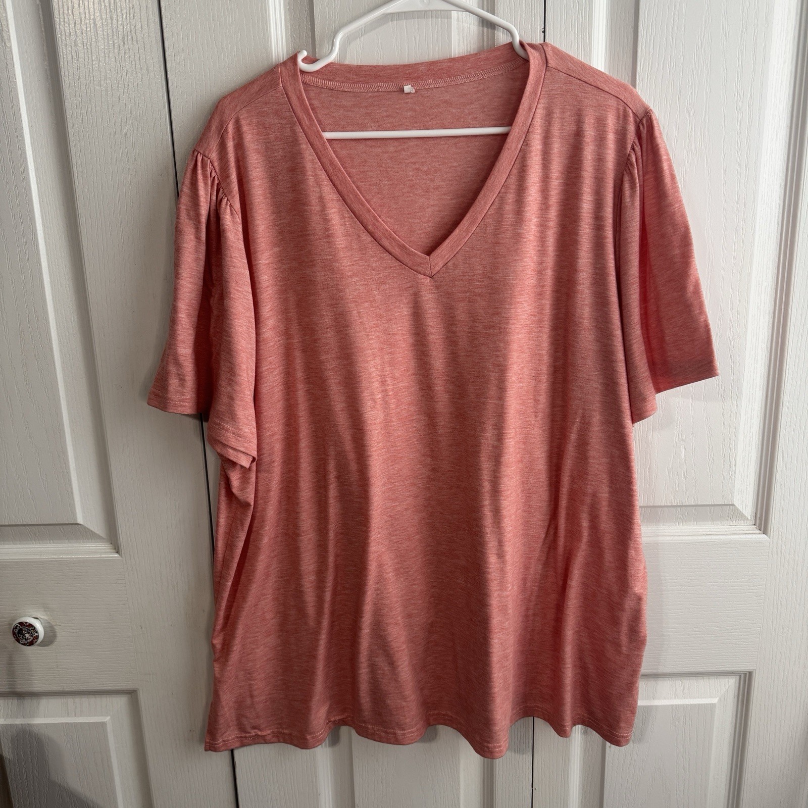 Pink V Neck Short Sleeve Side Slits Tee Women Size 3XL Minimalist Office Preppy