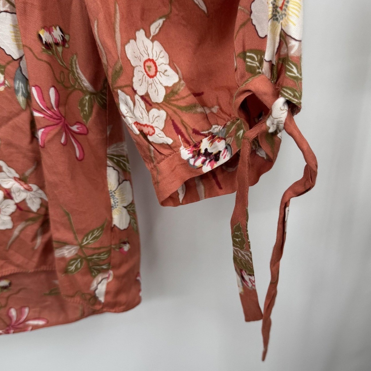 Rebecca Taylor Womens Silk Blend Floral Blouse 8 Orange Tie Cuff Cottagecore