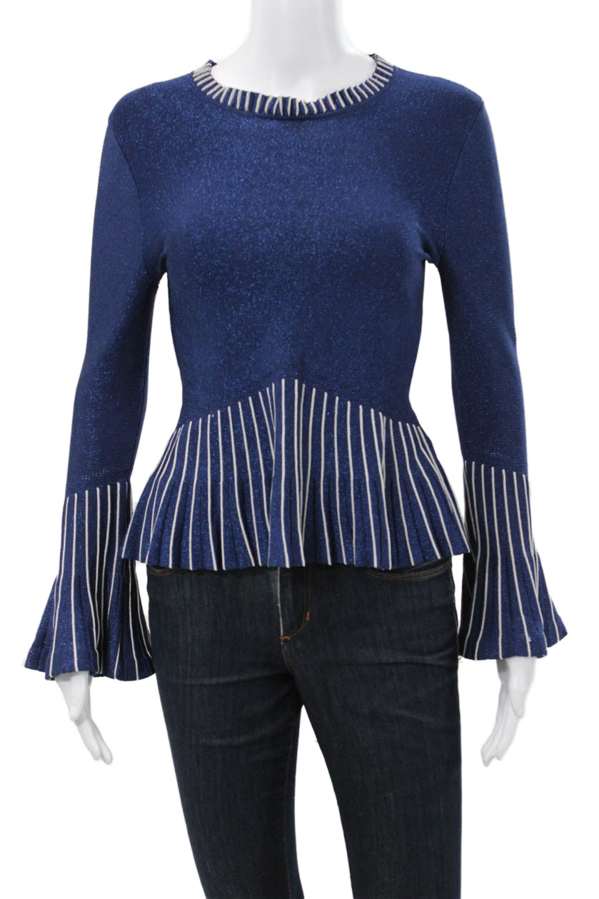 Jonathan Simkhai Womens Blue Striped Long Sleeve Round Neck Blouse Size S