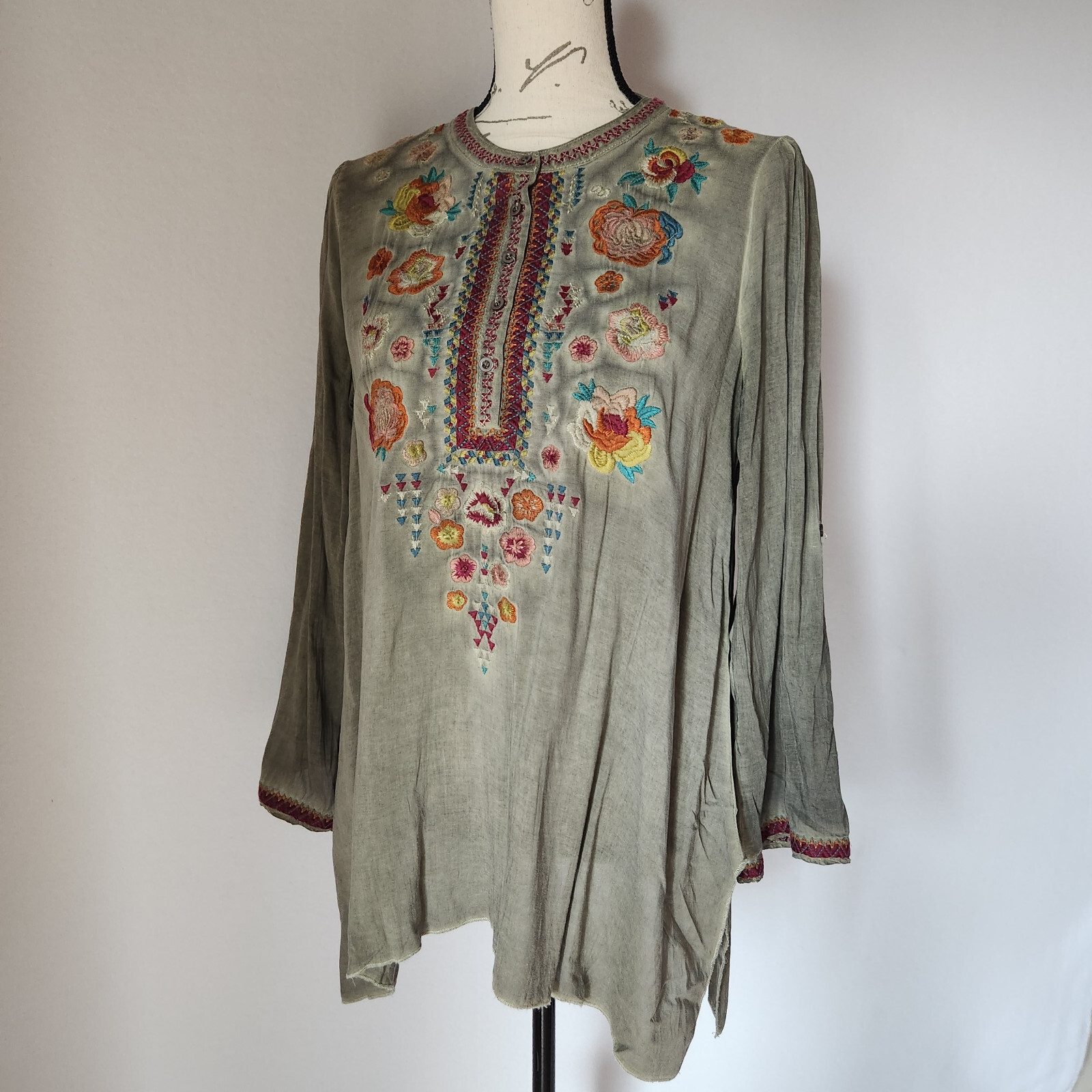 Andree by Unit Embroidered Tunic Boho Top Roll Tap Long Sleeve Dark Grey Women S