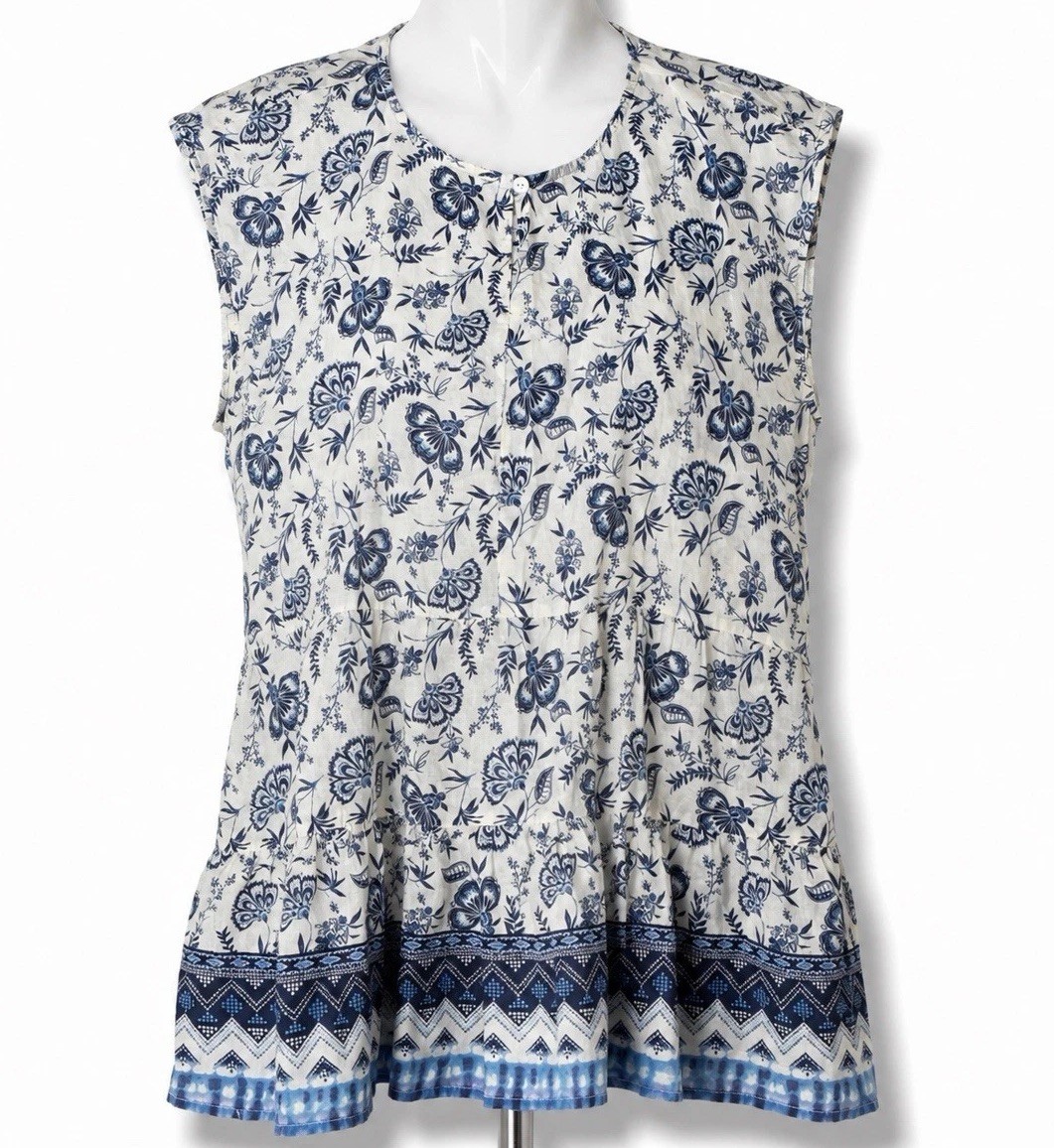 BeachLunchLounge Top Women’s Large Boho Paisley Floral Blue white Peplum Ruffle