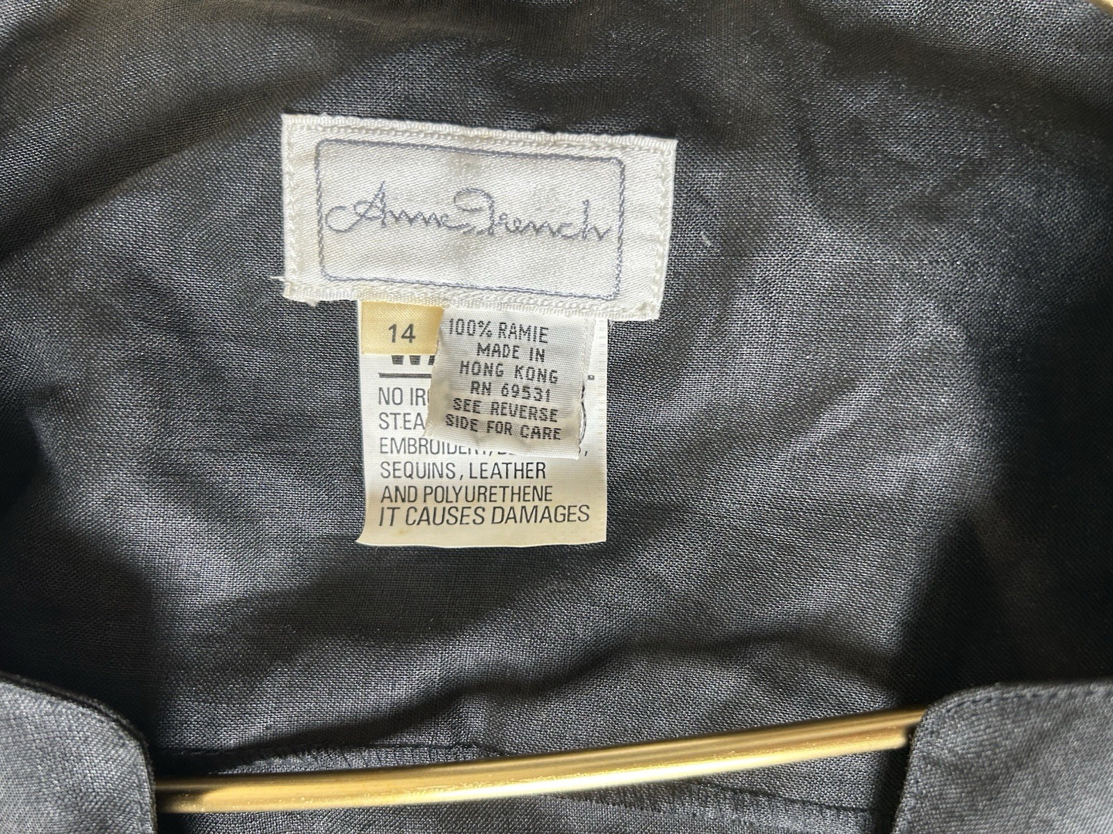 VTG Anne Frenck Embellished Button Down Ramie Tailored Blouse Sz 14 Black Unique