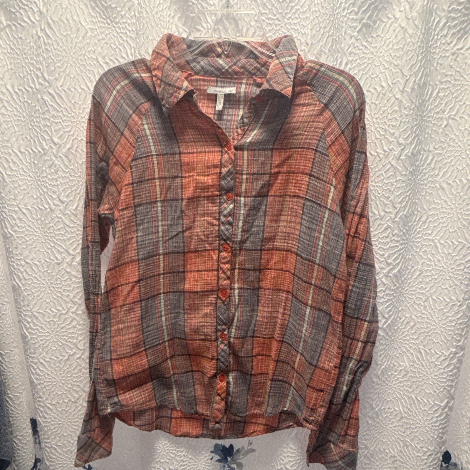O’Neill Women’s Orange Gray Plaid Button-Up Shirt Long Sleeve Collared L