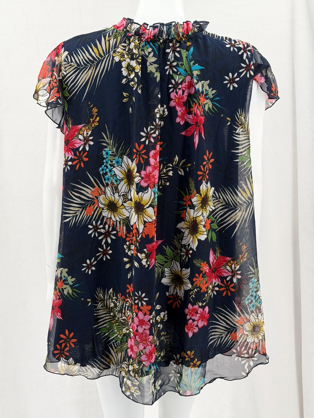 Kate & Mallory Top Women 1X Navy Floral Smocked Chiffon Tunic Boho Office Ruffle