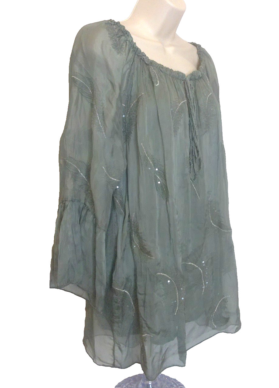 Belle France Women’s Olive Green Embroidered Tunic Blouse w/Bell Sleeves Medium