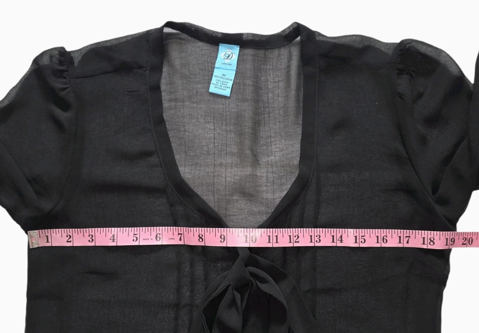 D Collection Black Button Up Pleate Front Tie Ruched Sheer Blouse Women’s Size M