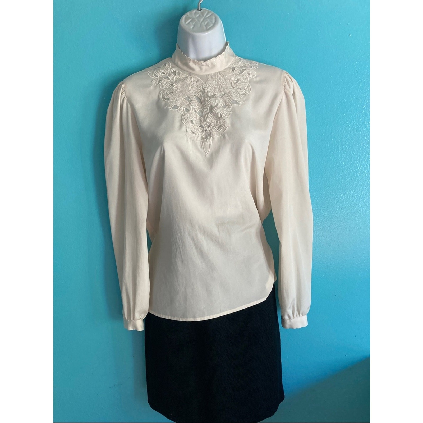 VTG 80s Anne Klein New Aspects Victorian Style Lace High Neck Blouse Ivory Sz 8