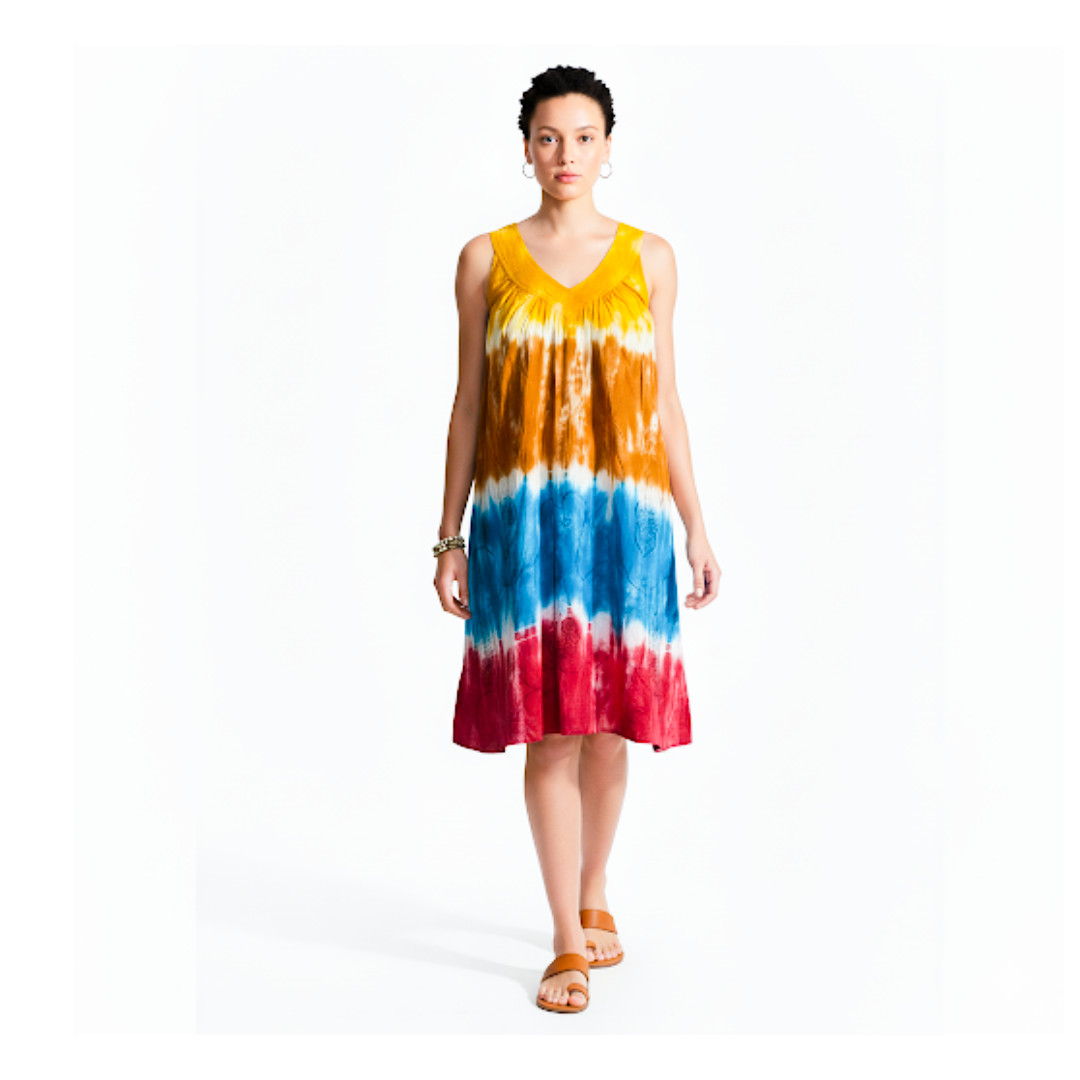 Tie Dye Cotton Dress Women Midi Sleeveless Boho Beach Hawaii Embroidery Free Siz