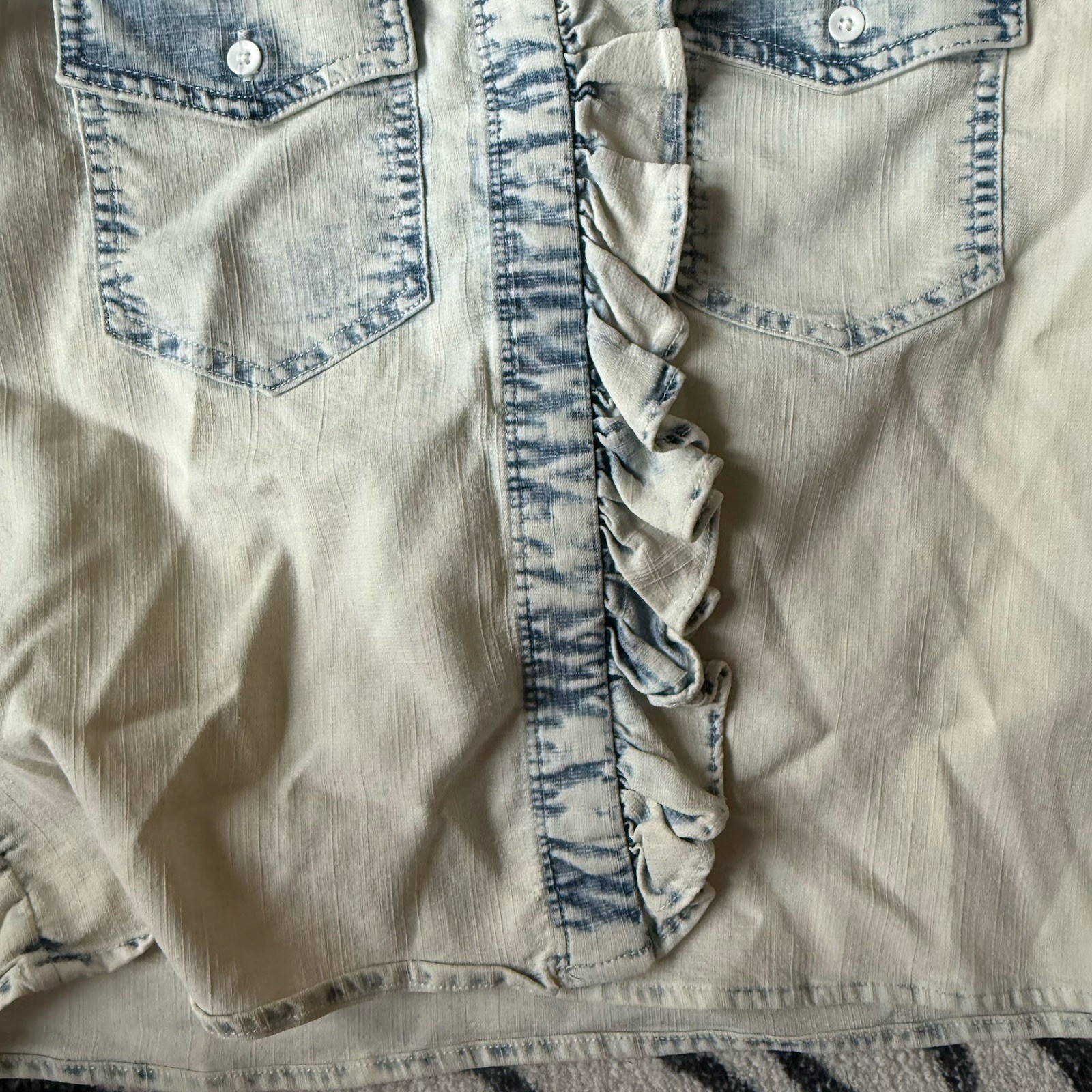 Alice + Olivia Jeans Ruffle Chambray Button Front Blouse Top XS Blue Ocean Blues