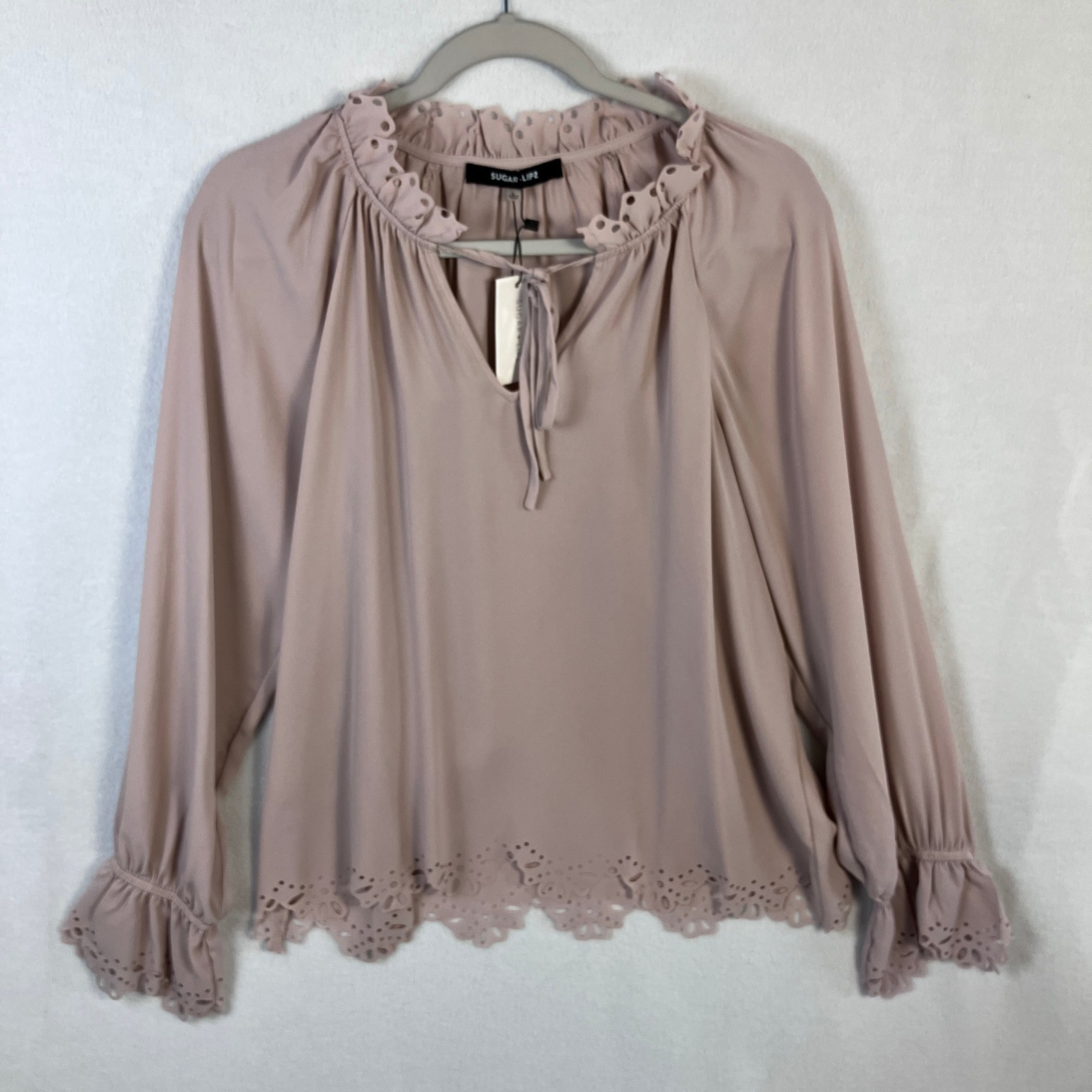Sugar Lips Women’s Ruffle Split Tie Neck Blouse Size L Mauve NWT