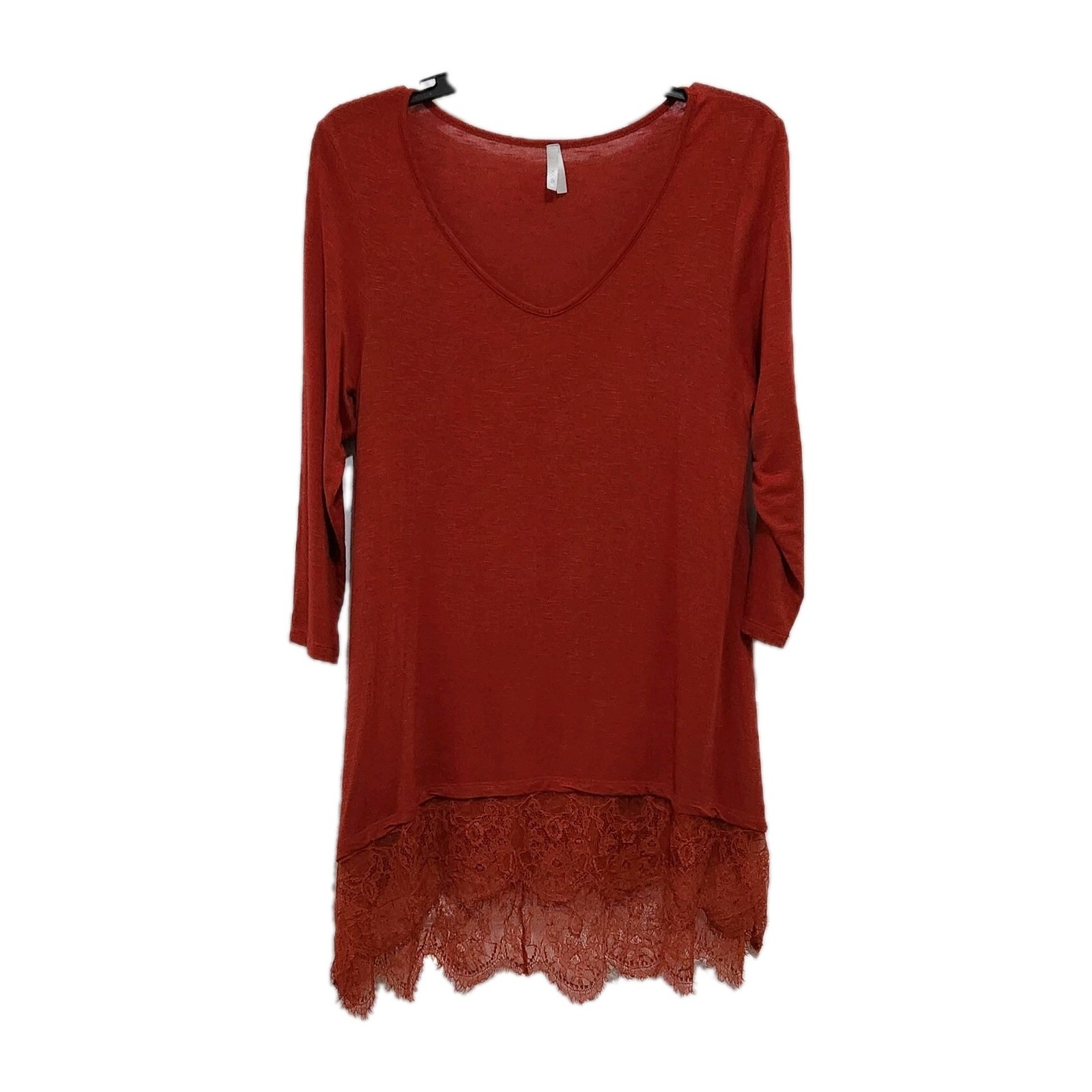 Vanity Women’s M Lace Hem Burnt Orange Tunic 3/4 Sieeve Slub Knit Fairy Boho