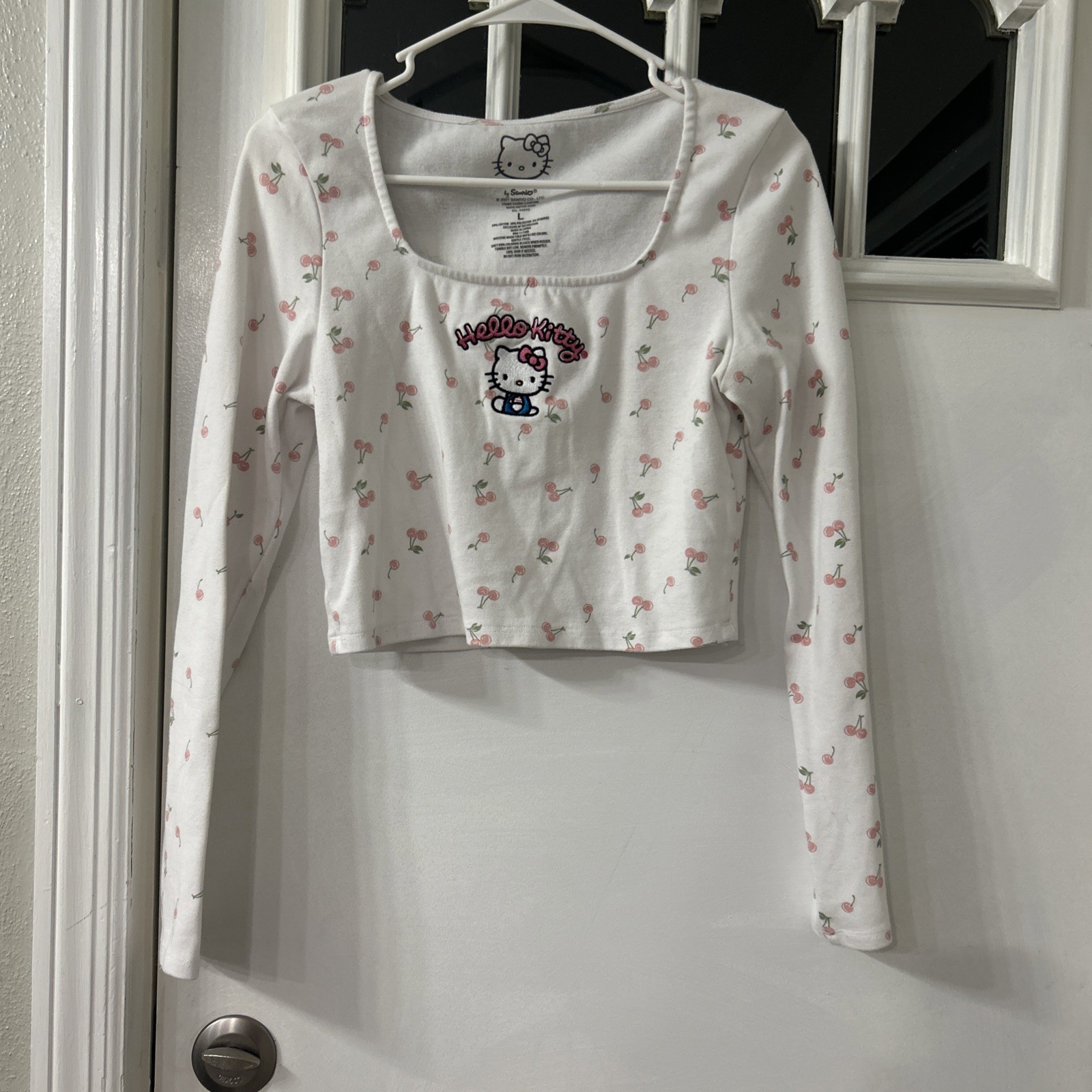 Hello Kitty Long Sleeve Top Embroidered Cropped Cherry Sanrio L White