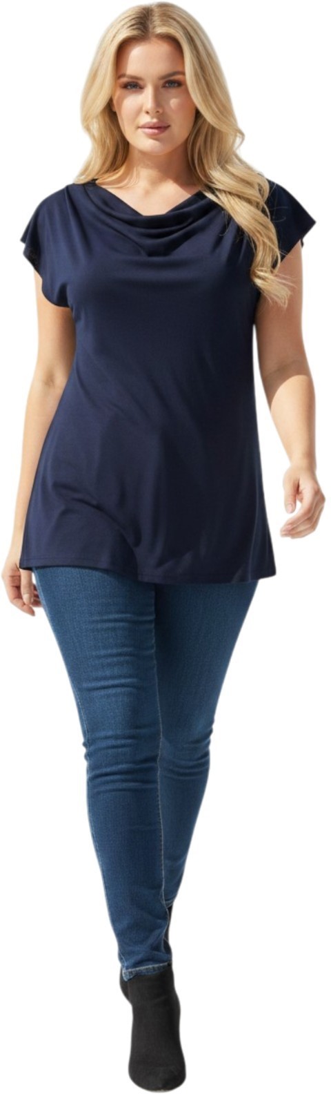 Womens Navy Cowl Neck Cap Sleeve Top Plain Dark Blue