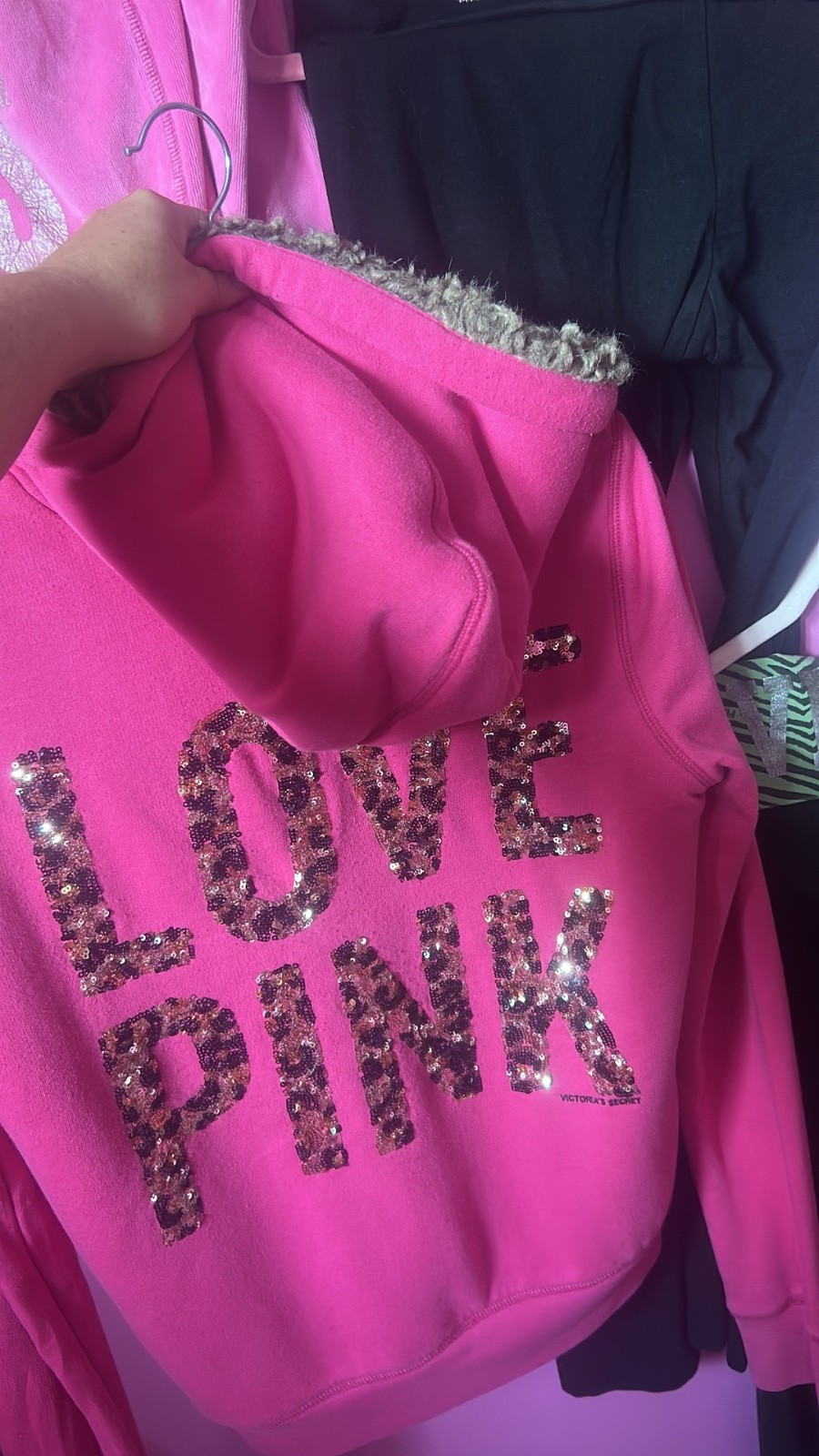 VTG VS PINK leopard bling fur lined coat Size S y2k