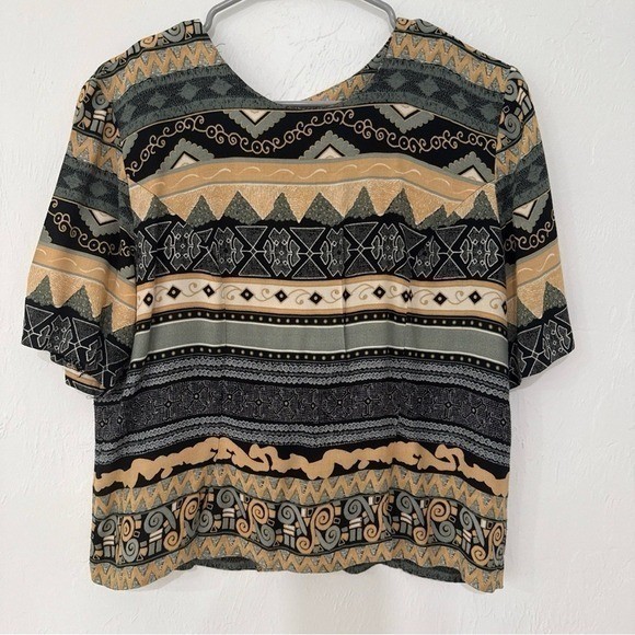 Vintage Prato Geometric Tribal Print Rayon Button Back Blouse Size 12