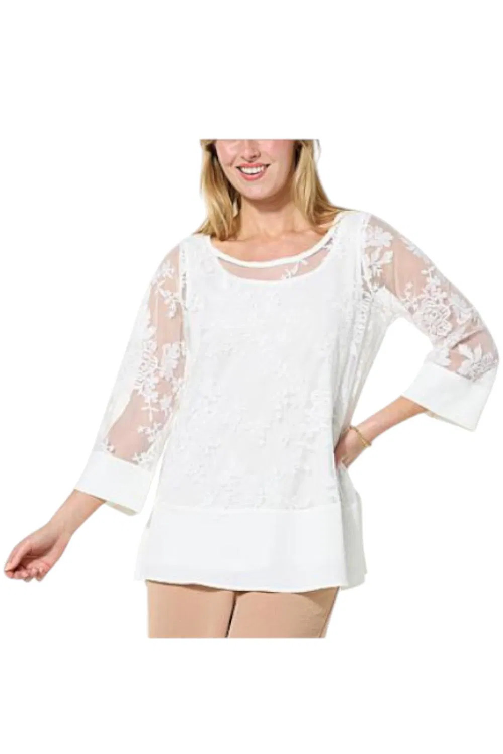 Nina Leonard Women’s Embroidered Mesh Knit 3/4-Sleeve Tunic White