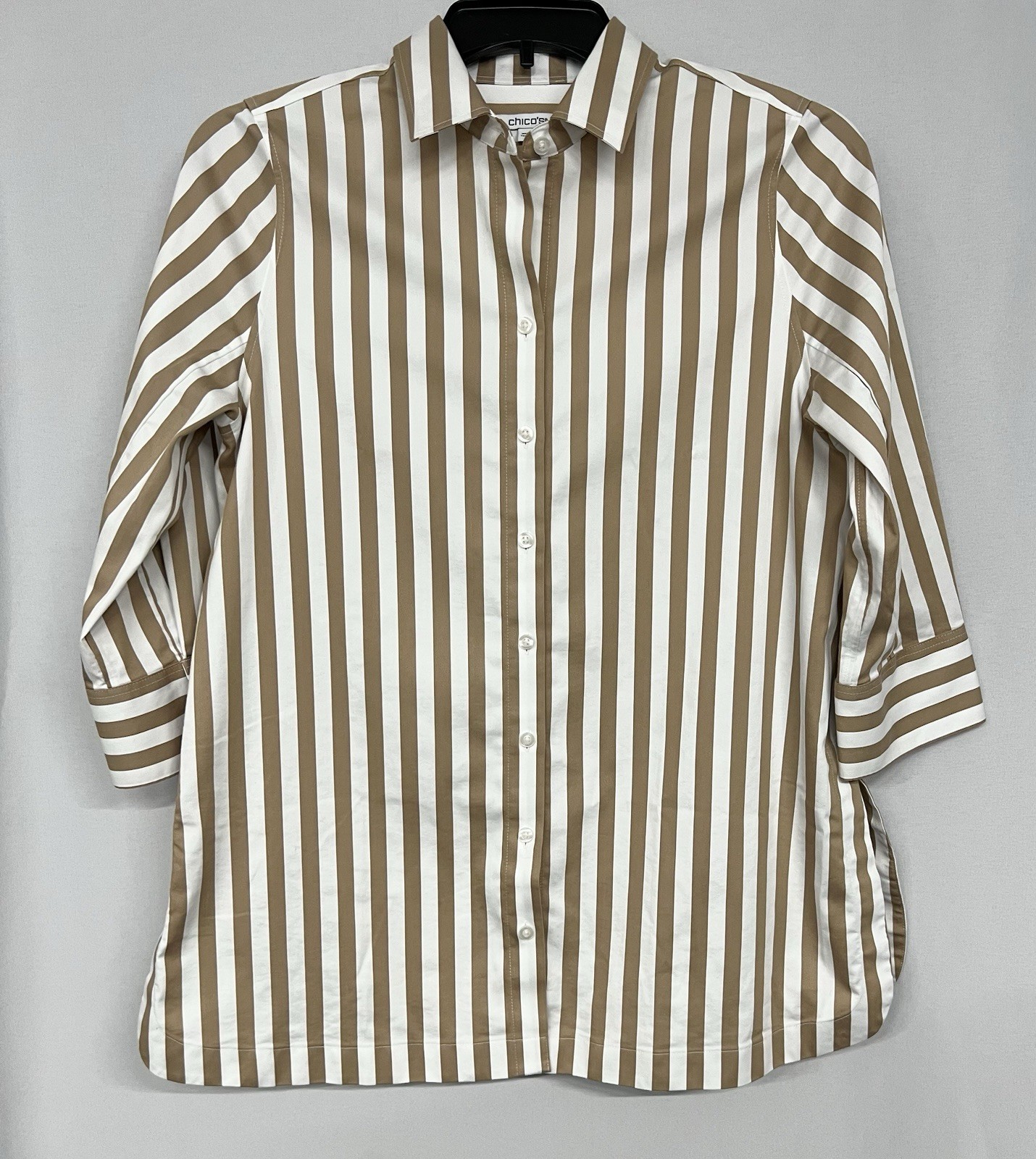 Chicos Striped Button Front Tunic Tan White 3/4 Sleeve Side Slit Size 1