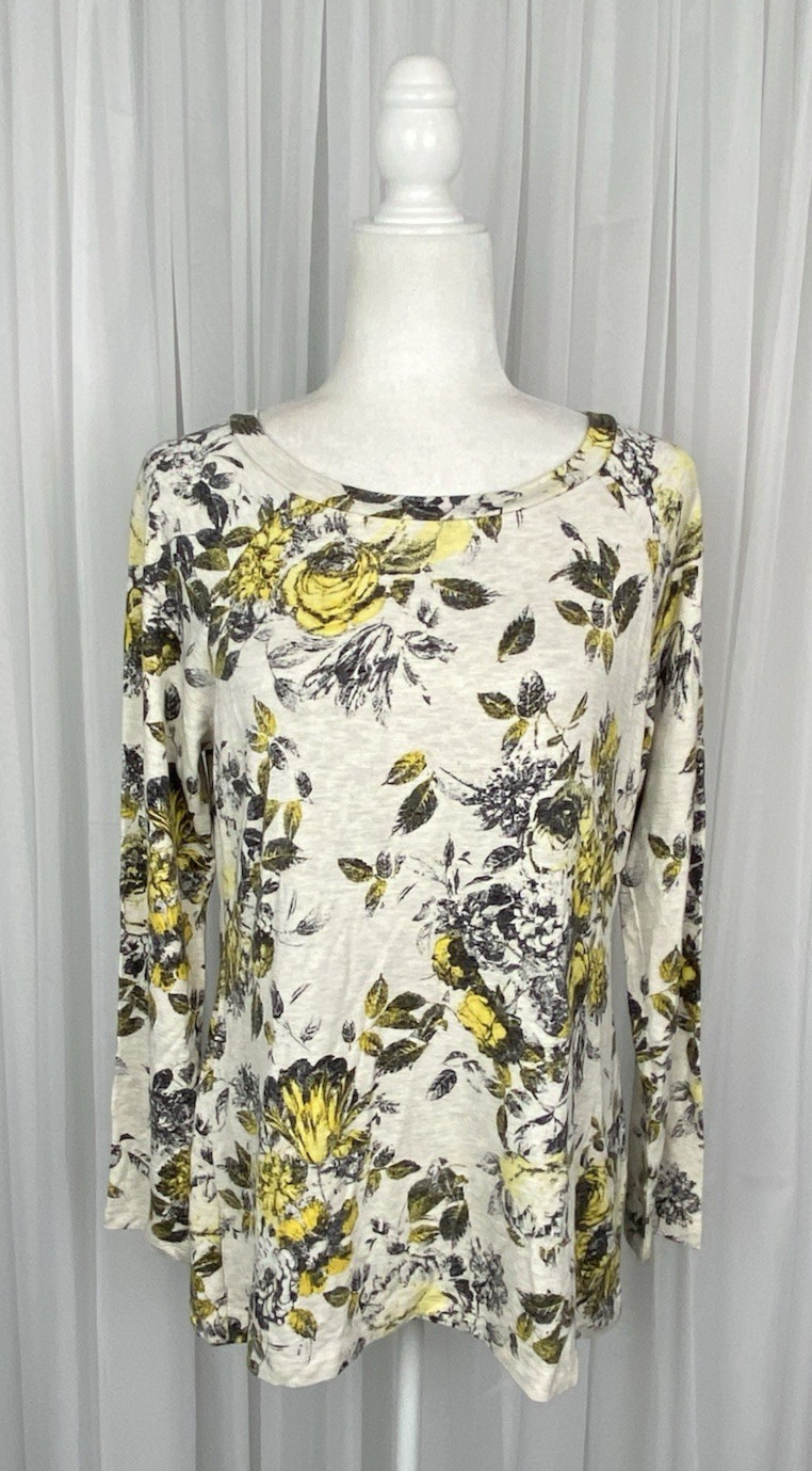 Soma Women’s Sz M Ivory Yellow Black Floral Knit Top Divine Terry Moonlight New
