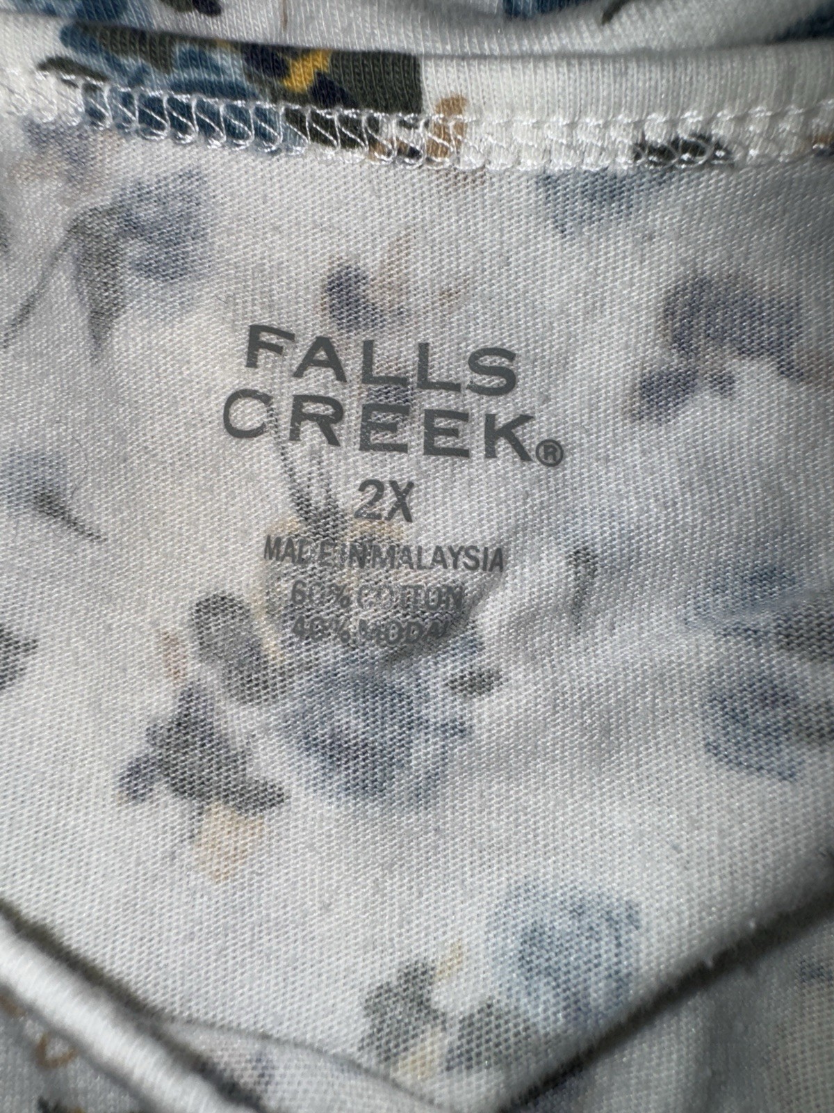 Falls Creek 2X Floral T-Shirt Ivory Blue Yellow Short Sleeve Cotton Modal Tee