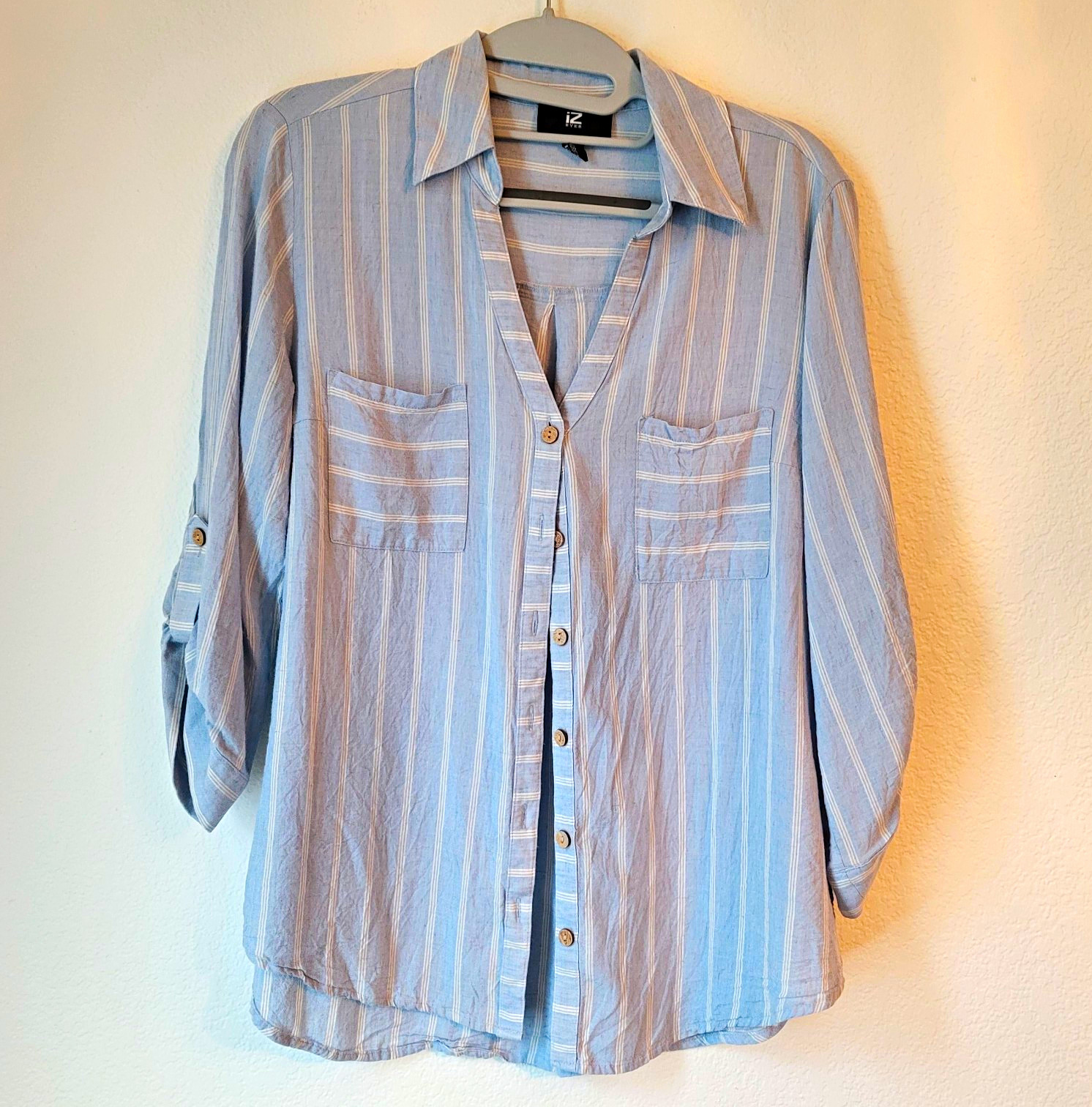 IZ Byer Rayon Linen Woven 3/4 Sleeve Collared Striped Button Up L Blue White -B1
