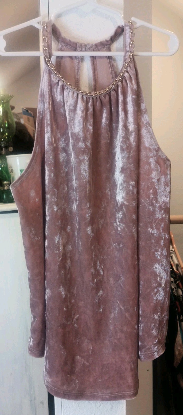 Occasion Tank Blouse Women’s S Shiny Mauve Elegant Pink Golden Chain Neckline