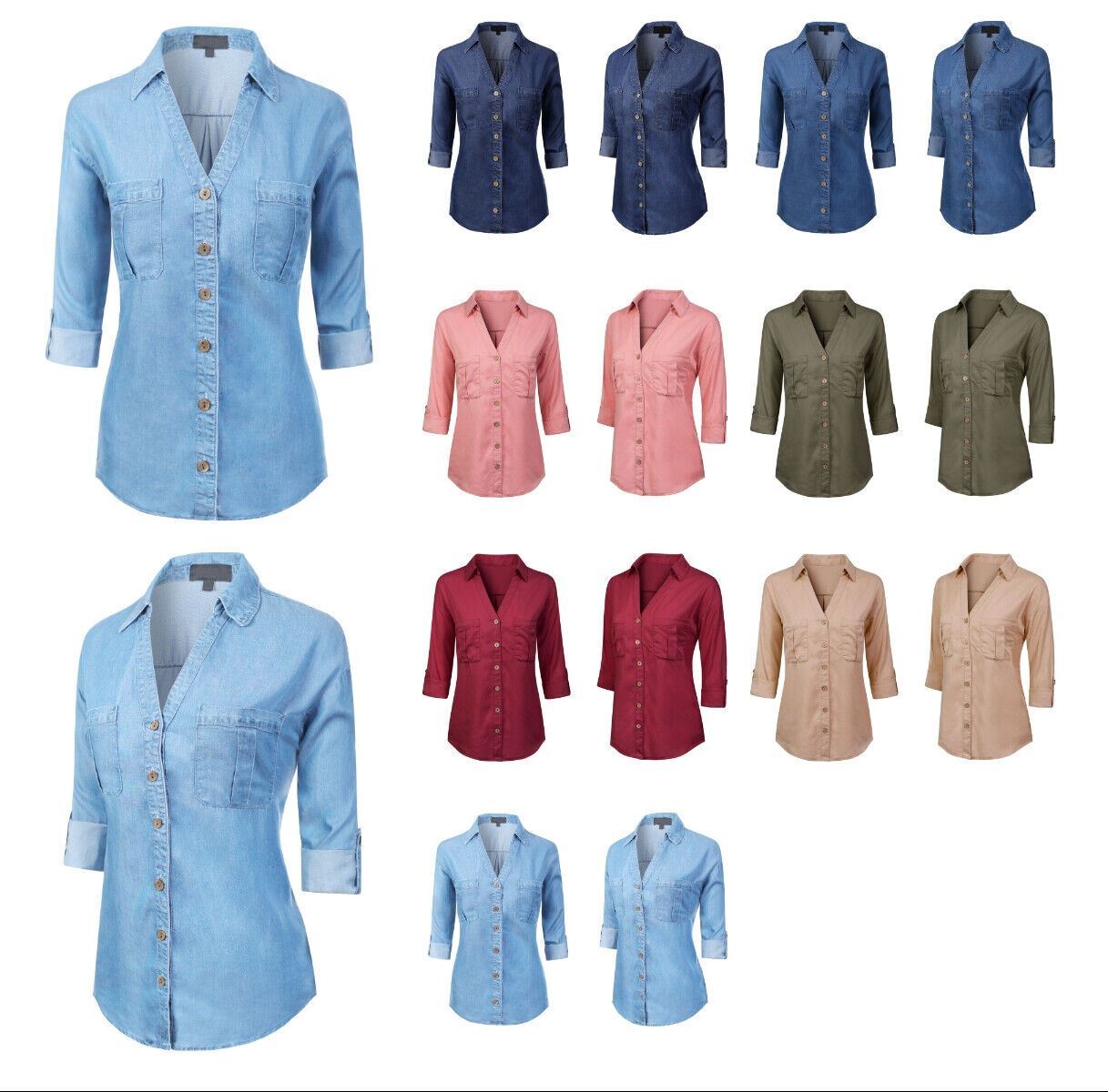 MixMatchy Long Sleeve Denim V-Neck Tencel Button Down Shirt
