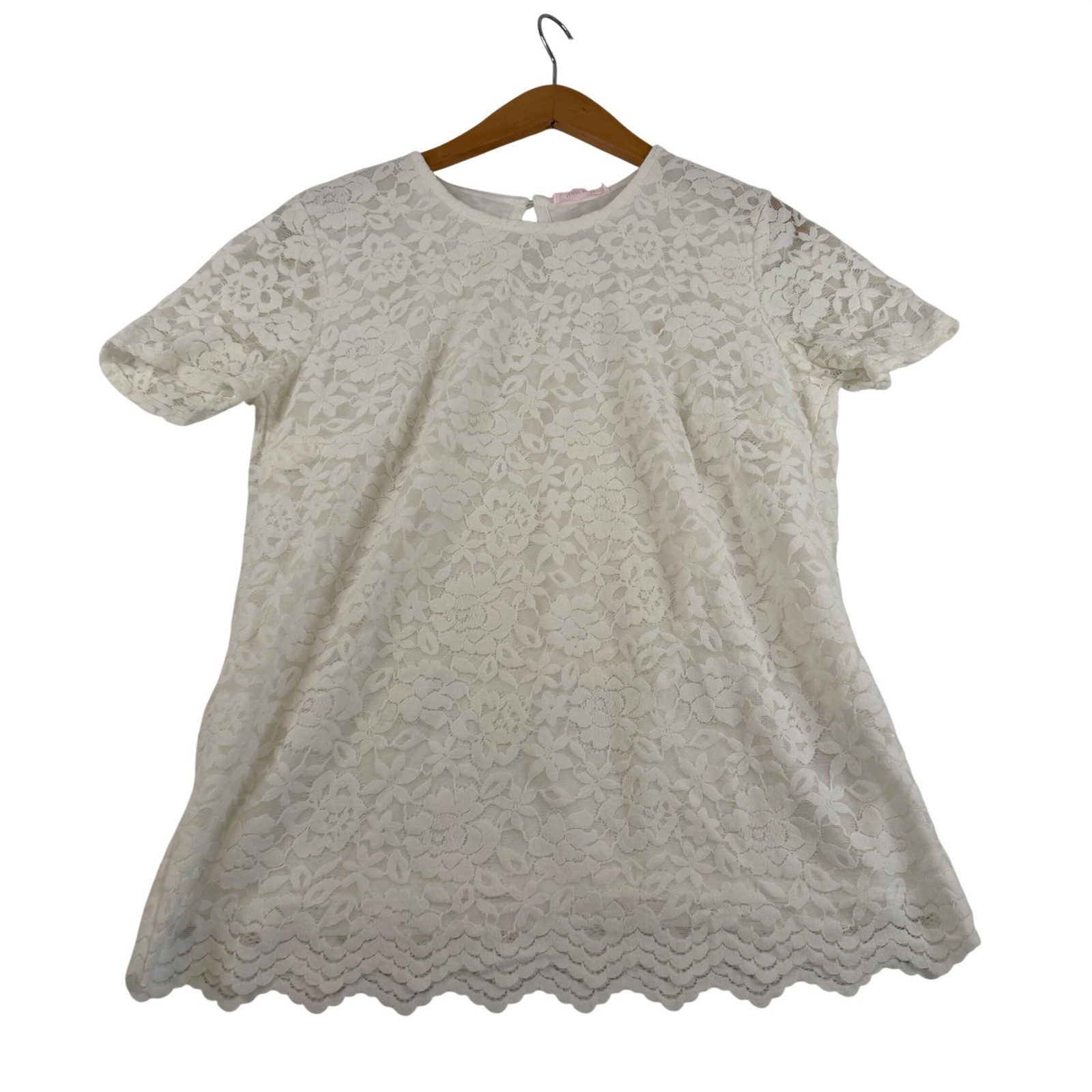 Teddi Rose Women White Floral Lace Short Sleeve Scalloped Hem Blouse Size M NWT