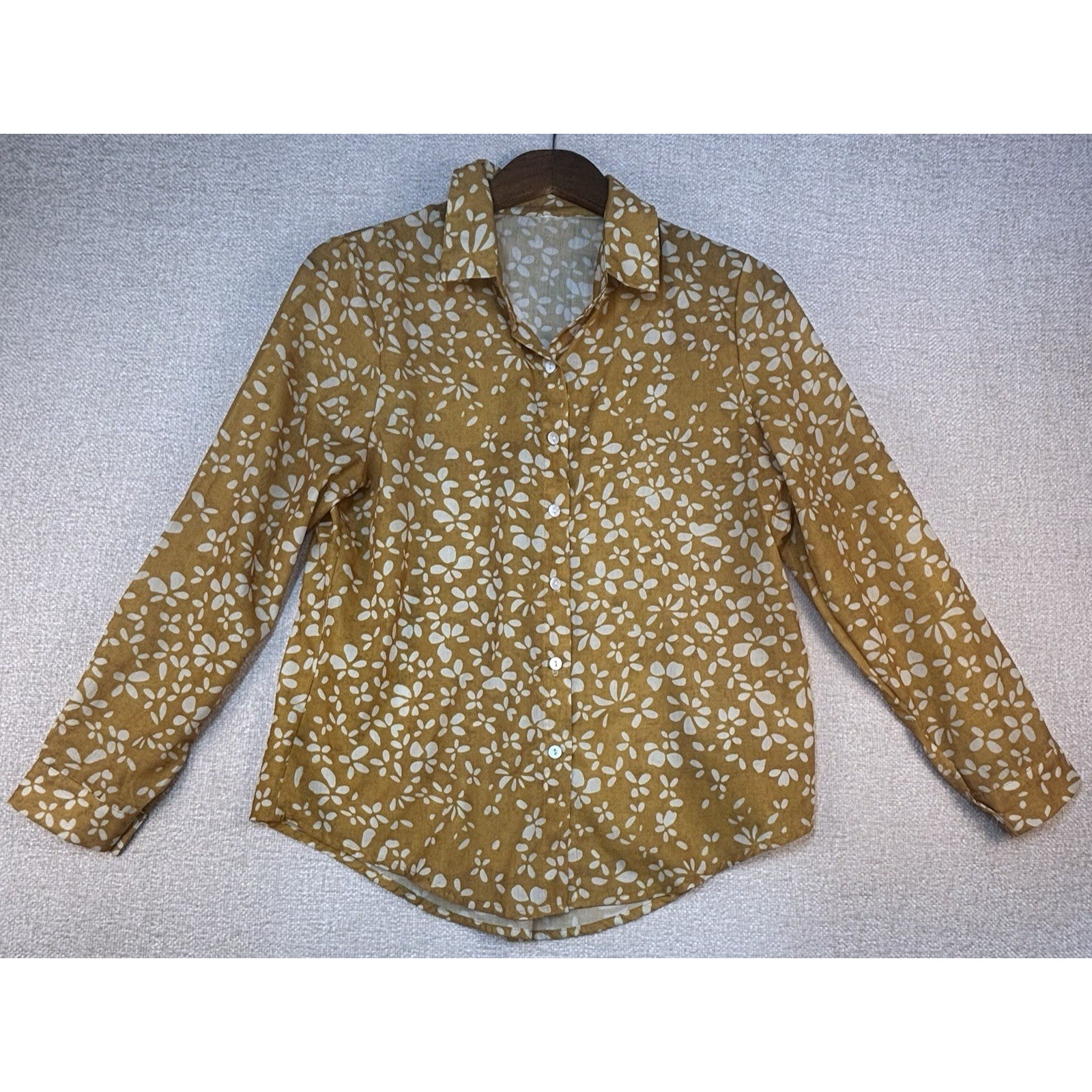 Whisper Mint Small Blouse Gold Floral 100% Cotton Button Down Long Sleeve Top