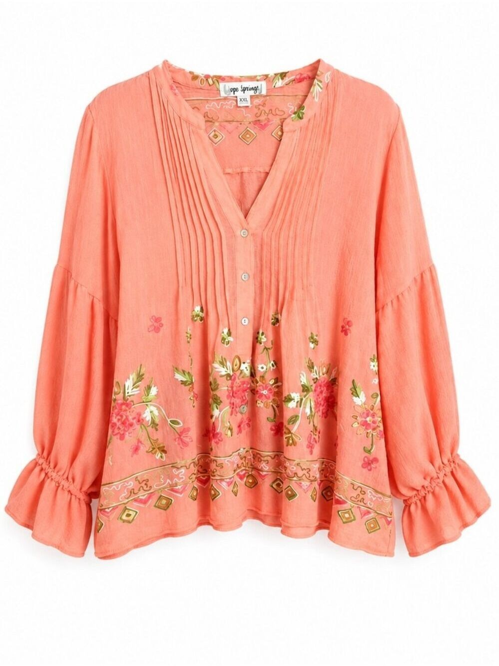 1087 -Hope Springs Coral Floral Embroidered Blouse Rayon Boho Vintage -NEW – Med