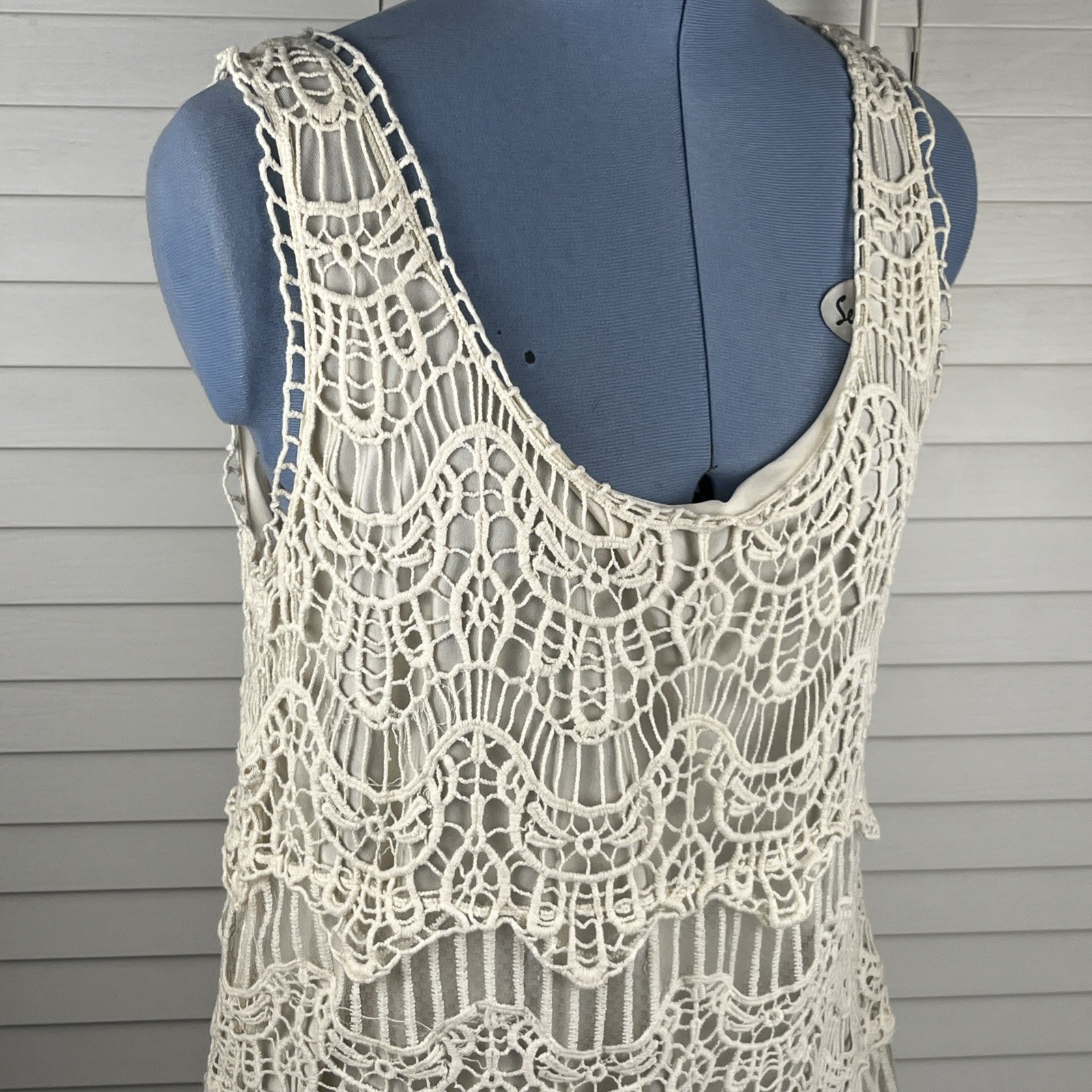 Creative Design Works Layered Tank Top Size? Open Weave Scalloped Lace Overlay