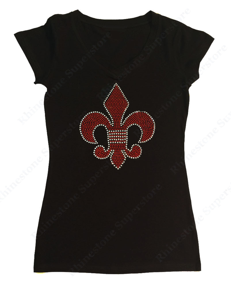Women’s Rhinestone T-Shirt ” Red Fleur de Lis ” in S, M, L, XL, 2X, 3X