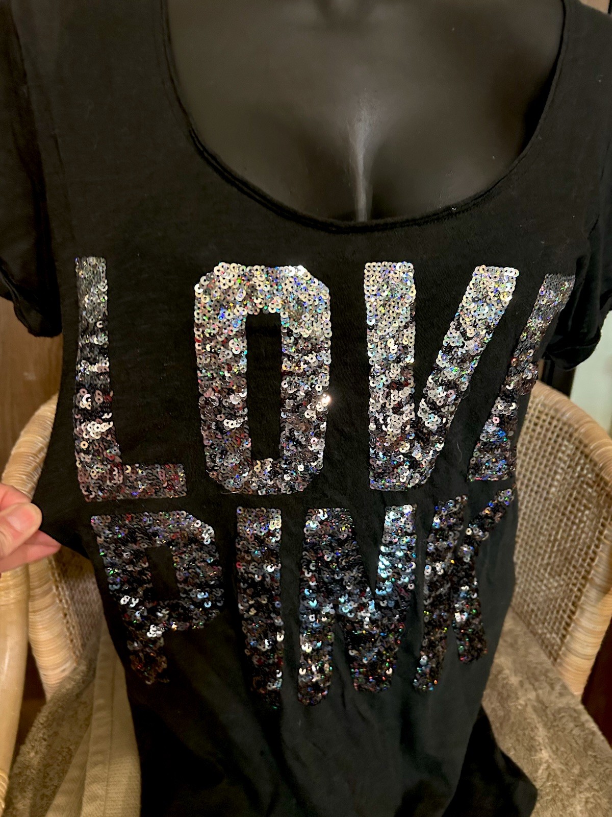 Victoria’s Secret Pink Black Short Sleeve Top M Sequined Front