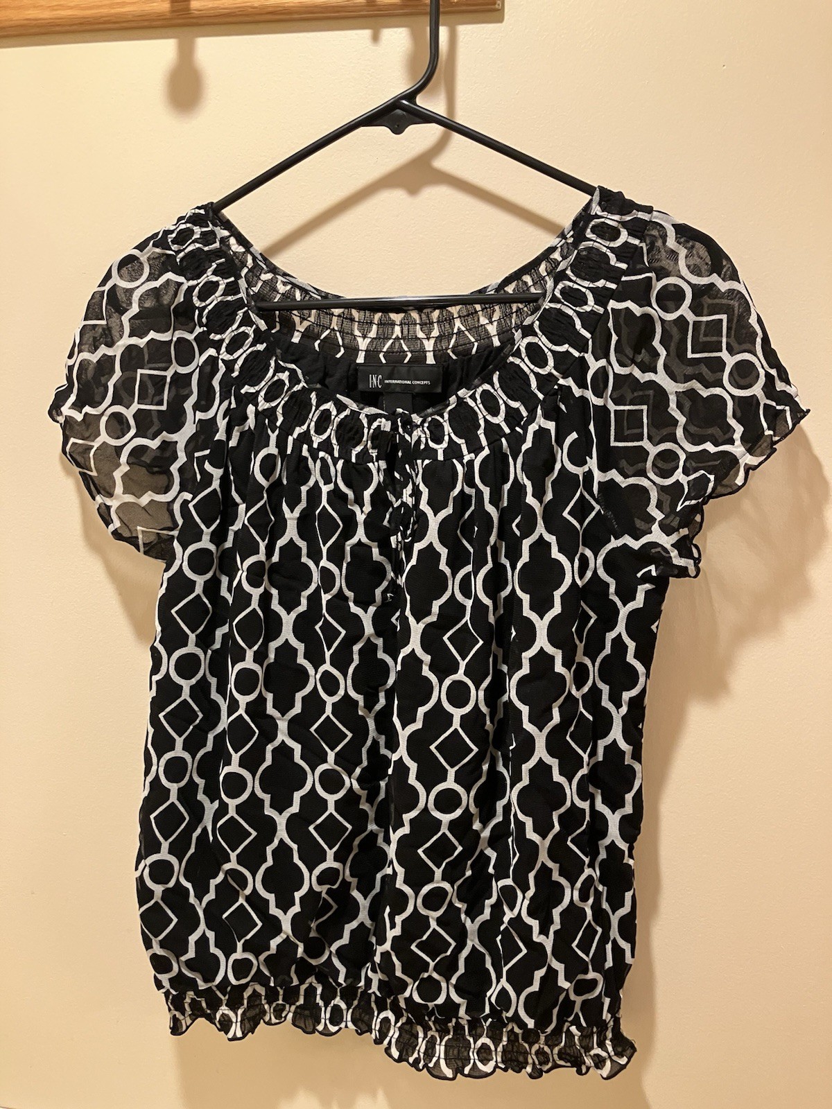 INC International Concepts Black White Geometric Mesh Blouse M
