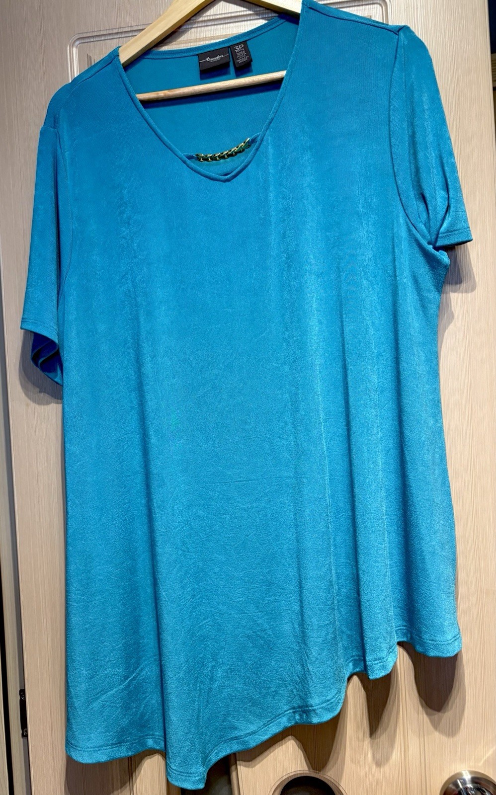 Chico’s Travelers Azure Blue V-Neck Acetate Spandex Slinky Tunic Top size 3