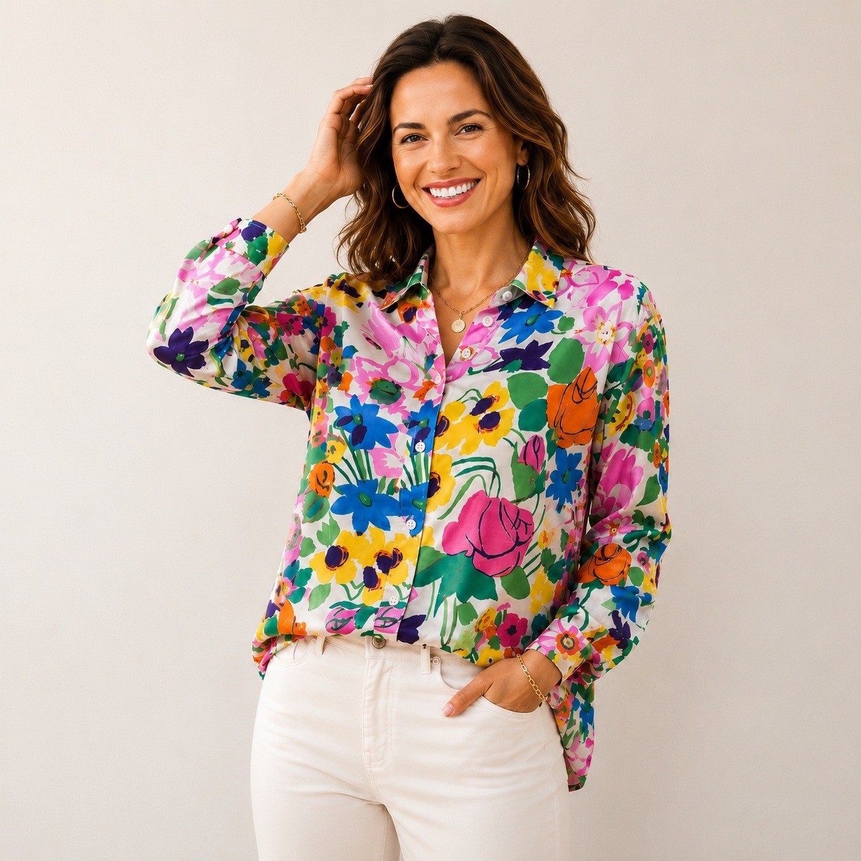 J.Crew Collection Silk Twill Vibrant Garden Print Button Shirt Floral Blouse 14