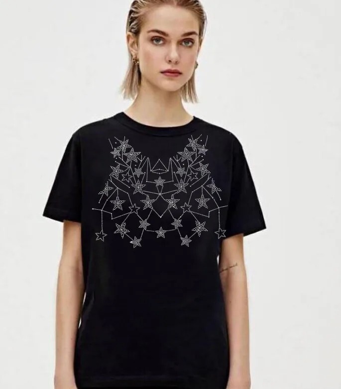 New Women Diamond Stars Rhinestones Fashion Black White T-Shirt High Quality