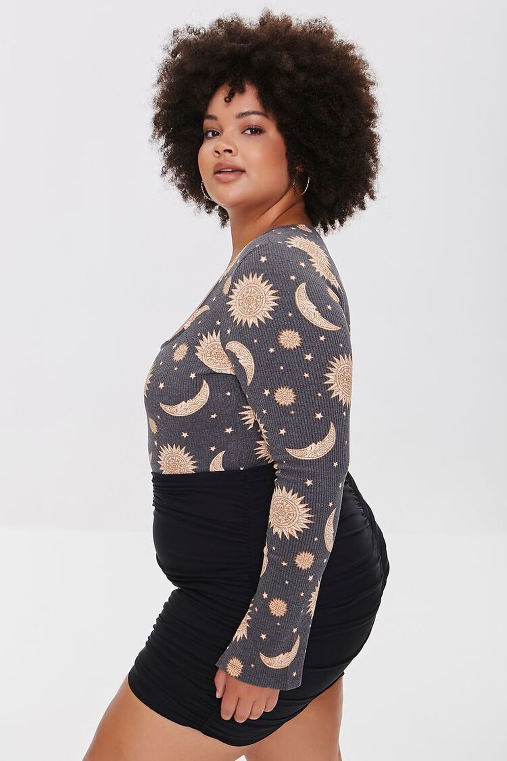 Celestial print bodysuit womens PLUS SIZE 3X stars sun moon goth witchy gray top