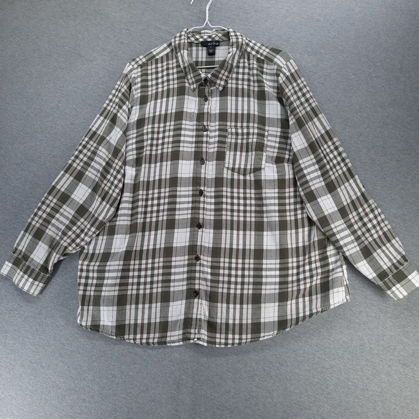 Erika Shirt Women 1X Green White Brown Plaid Lightweight Flannel Cotton ESME
