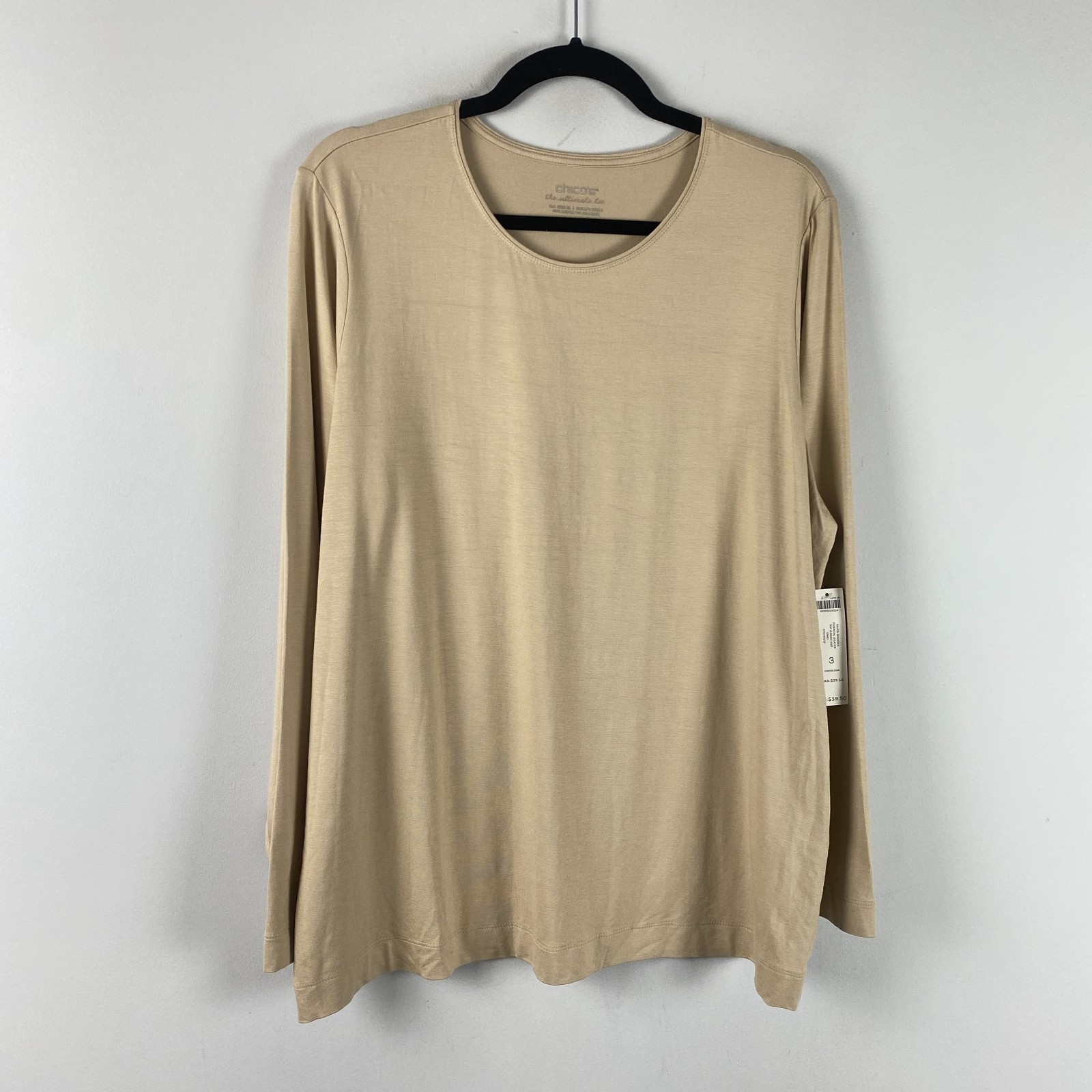 Chicos Essential Layer Long Sleeve T Shirt Size 3 US XL Sand Beige Stretch