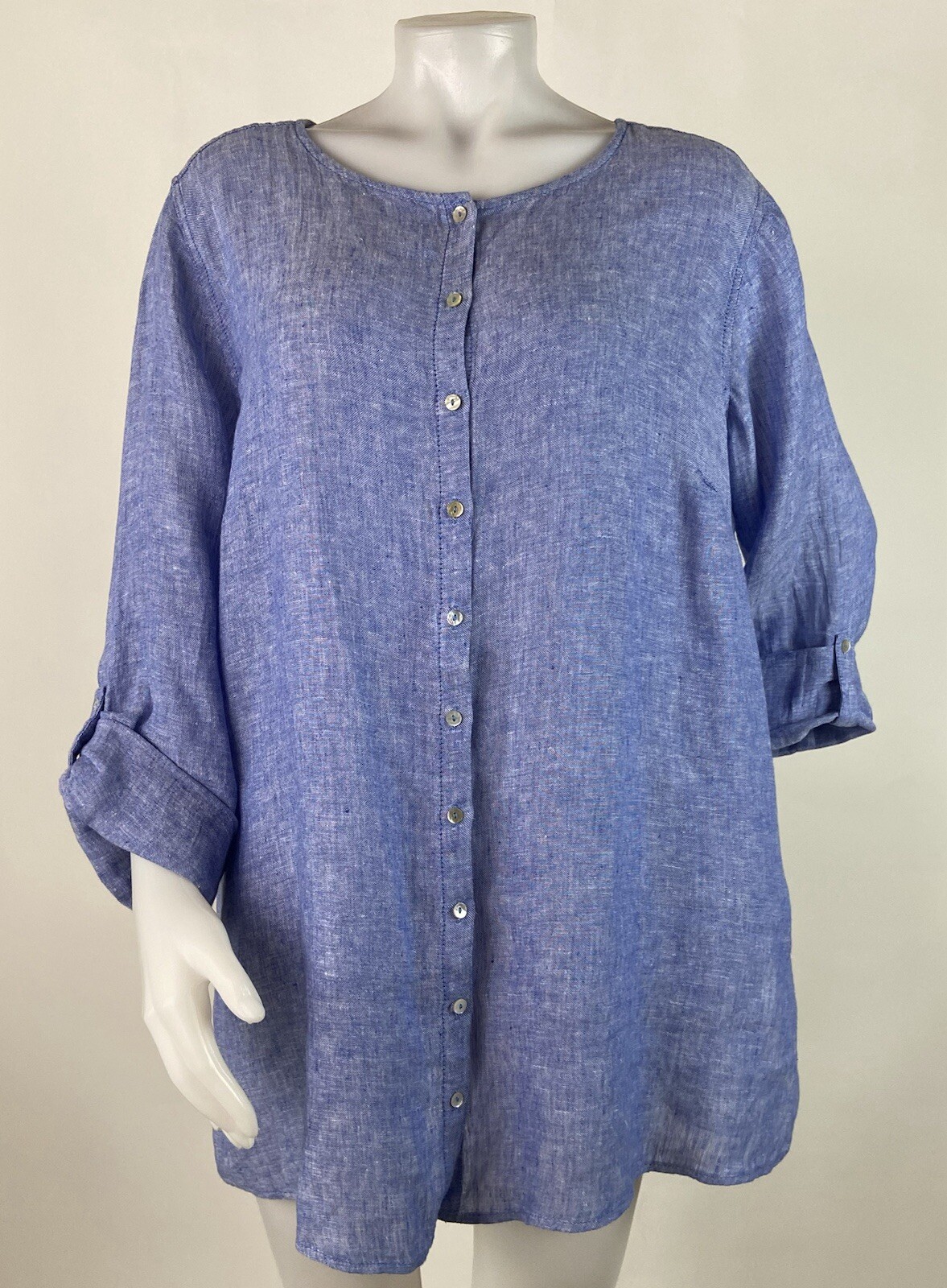 Tahari Size 1X Blue 100% Linen Button Down Tunic Top Roll Tab Sleeve Lagenlook