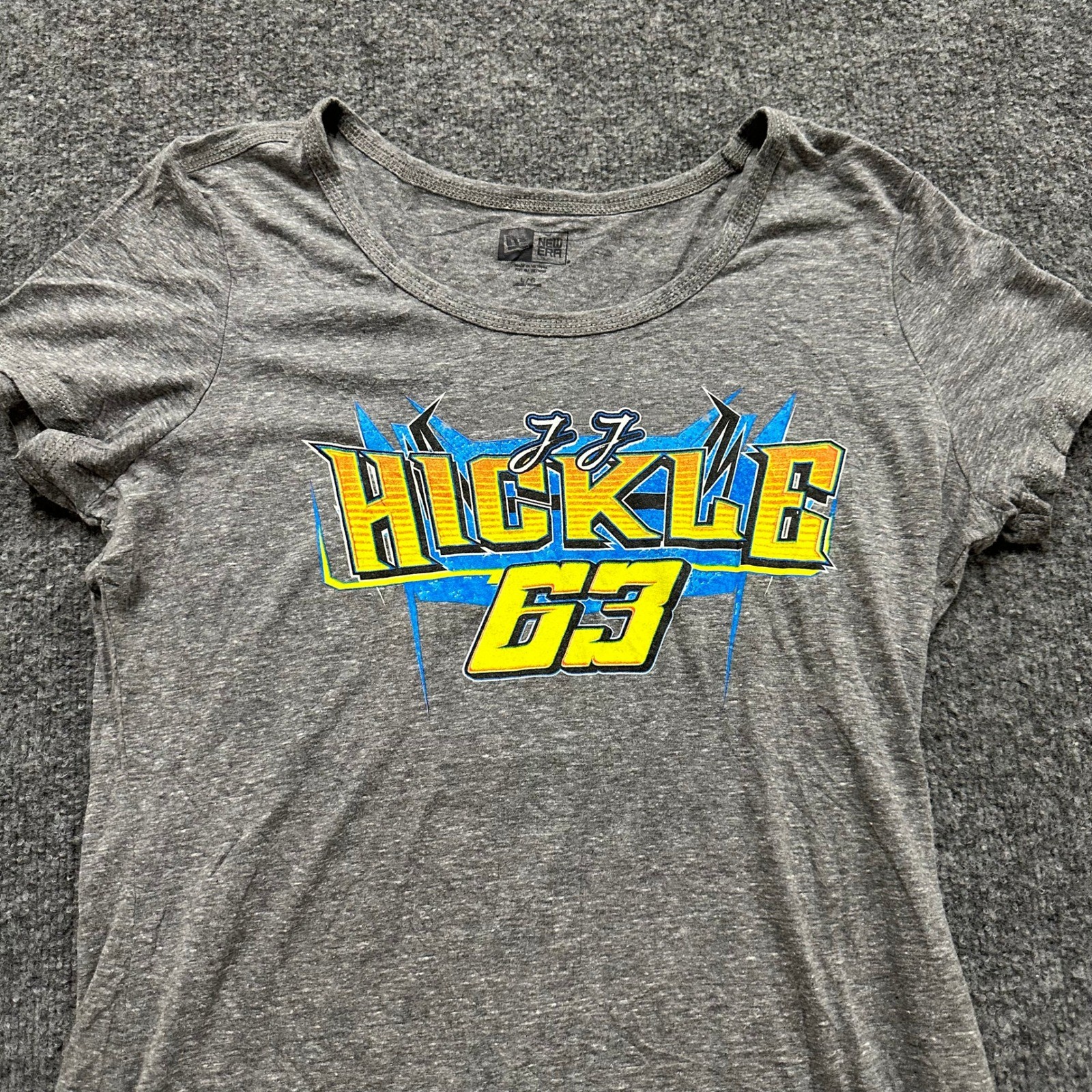 New Era T-Shirt Womens Size L Gray JJ Hickle 63 Racing Graphic Scoop Neck Tee