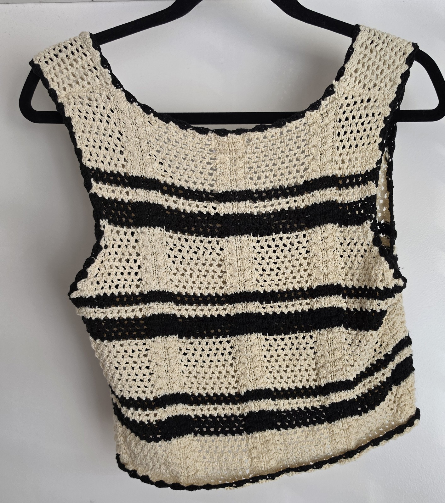 Cotton On Women’s Sleeveless Striped Crochet Front Tie Cropped Top S Cream Black