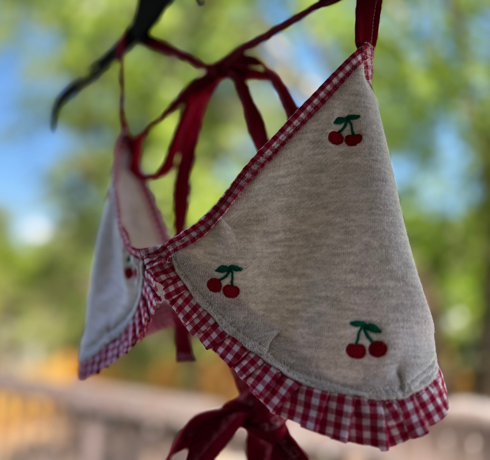 Upcycled Triangle Halter Bikini Shape Top Cherry Print Red Summer Festival Wear