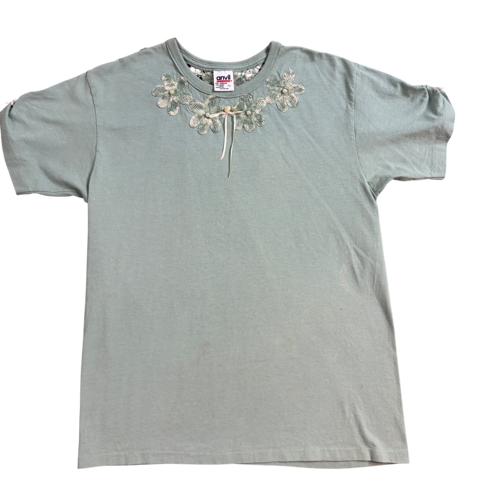 Anvil Floral Lace Neckline T Shirt Womens Short Sleeve Top Single Sticth Large