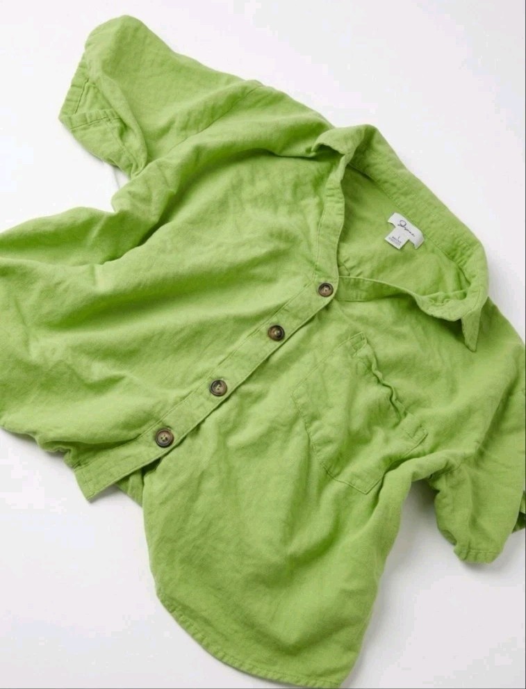 Japna Womens Sz L Linen/Rayon Blend Cropped Short Sleeve Button Down Shirt