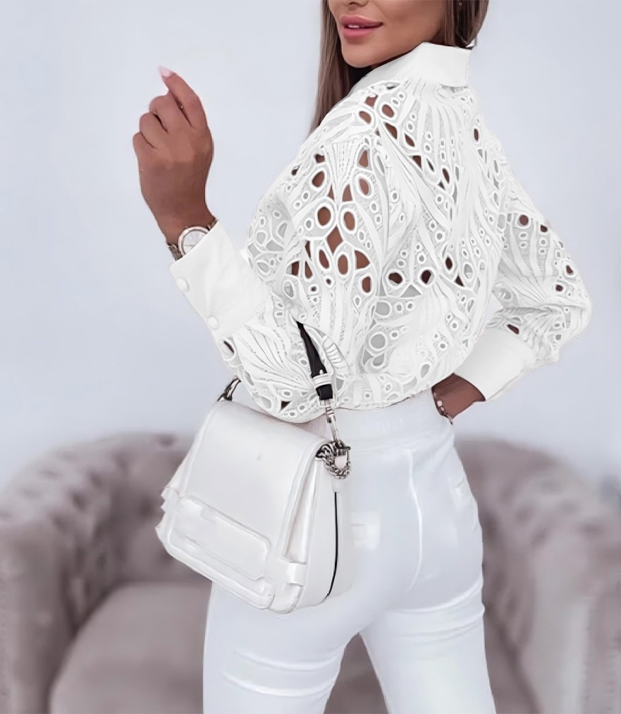 Blouses Hollowed Out Long Sleeved Shirt Solid Button Up Lapel Open Front Camisas