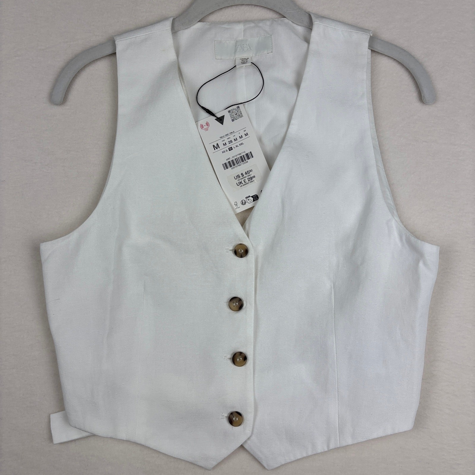 Zara White Cut Out Open Back V-Neck Button Vest Viscose Linen Cotton Size Medium